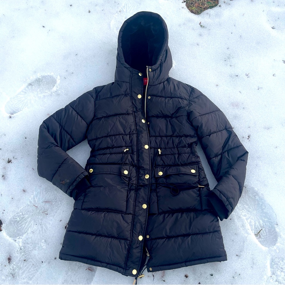 BLACK WINTER COAT FAUX FUR LINED HOOD